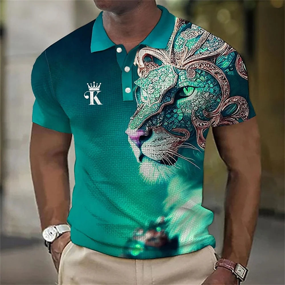 Men's 3D Lion Print Polo Shirt - Casual and Stylish Summer Tee - VogueShion 