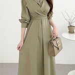 Polo Collar Cross Lace Up Long Dress