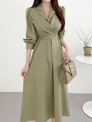 Polo Collar Cross Lace Up Long Dress