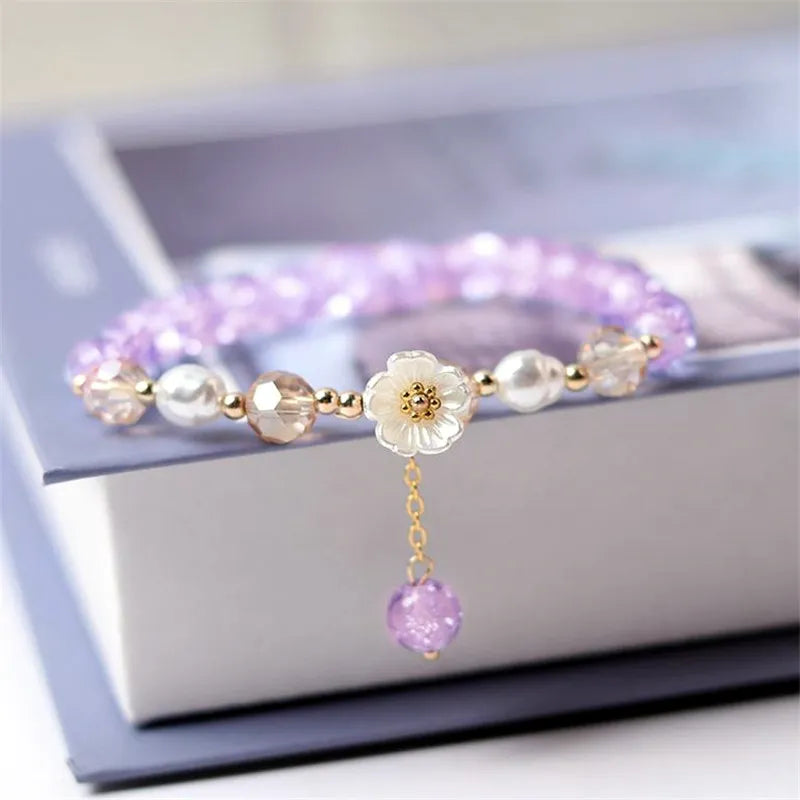 White Flower Purple Beaded Bracelet
