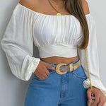 Long Lantern Sleeve Off Shoulder Slim Shirt