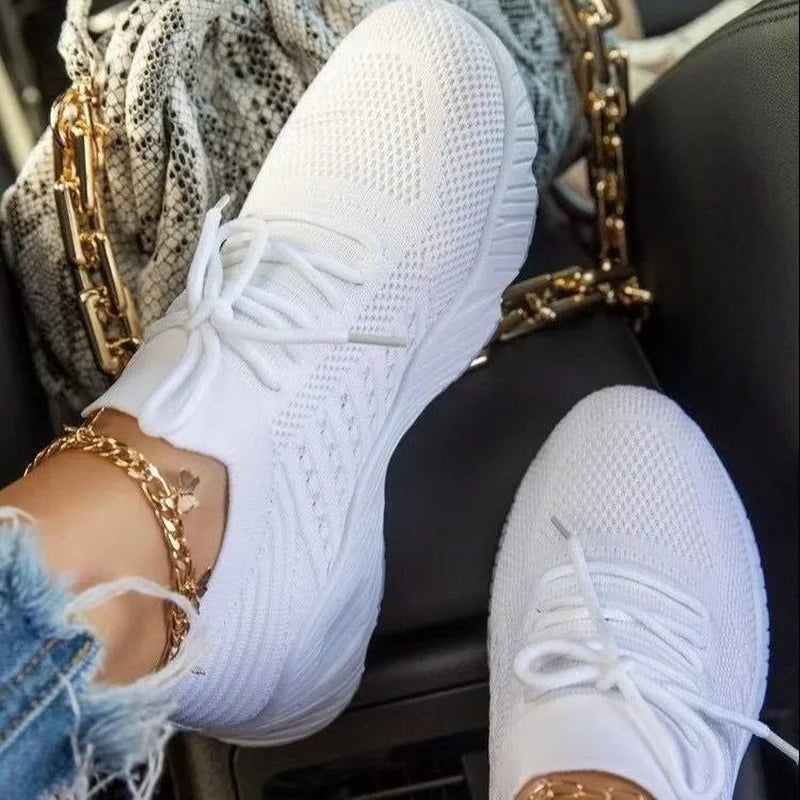 Women's Mesh Breathable Casual Sneakers - Lace-up Vulcanized Platform Shoes - VogueShion 