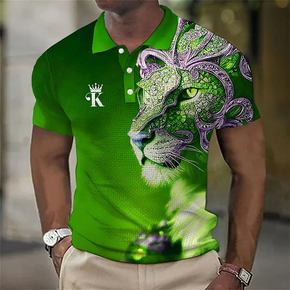 Men's 3D Lion Print Polo Shirt - Casual and Stylish Summer Tee - VogueShion 