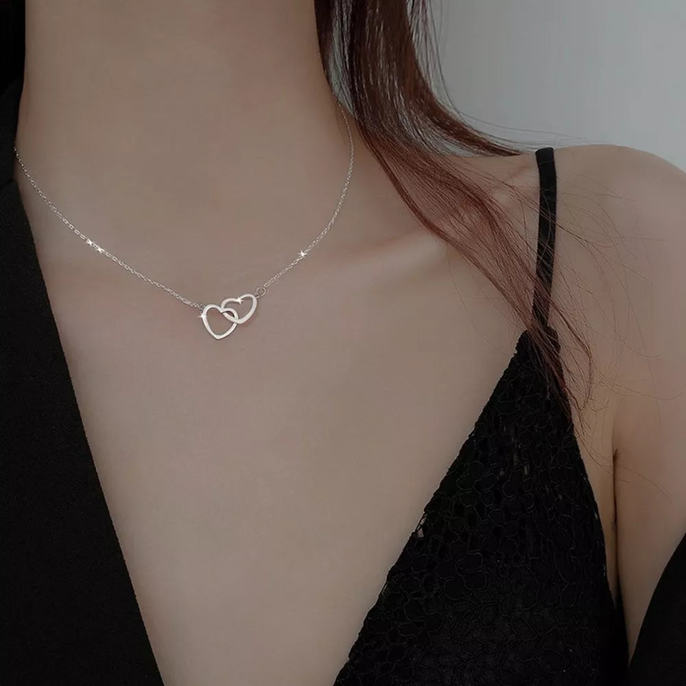 Silver Color Double Heart Choker Necklace