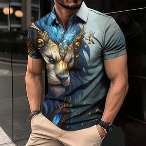 Men's 3D Lion Print Polo Shirt - Casual and Stylish Summer Tee - VogueShion 