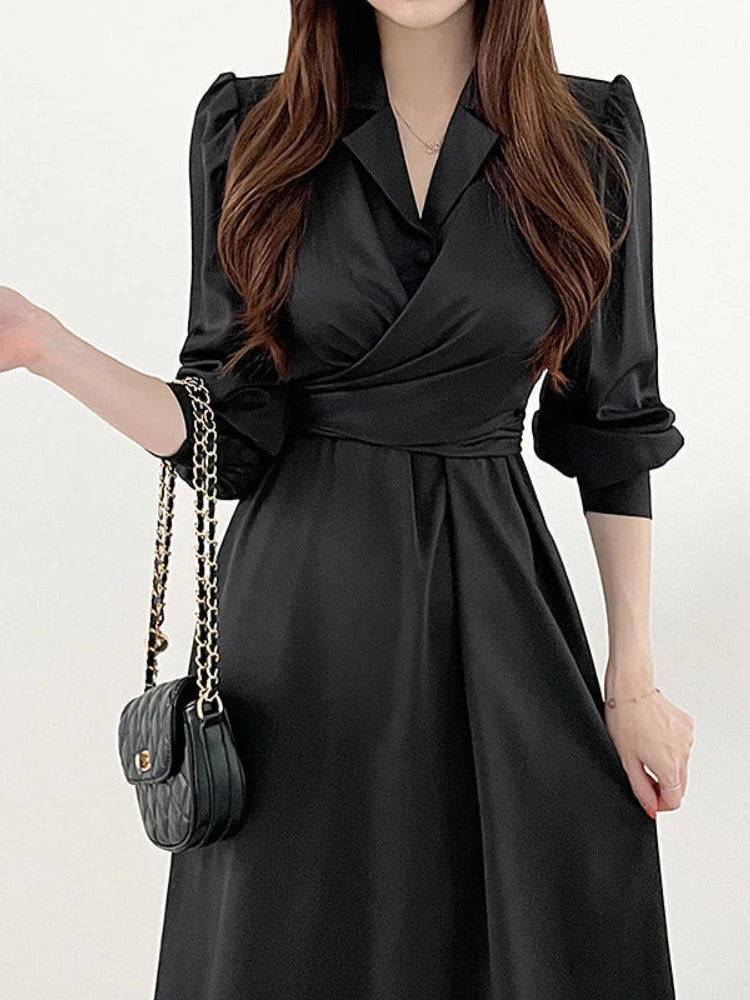 Polo Collar Cross Lace Up Long Dress