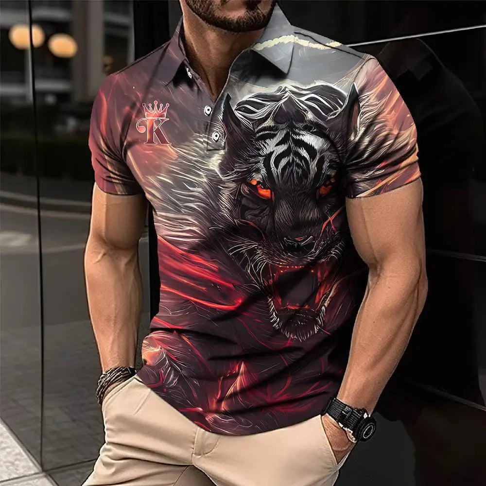 Men's 3D Lion Print Polo Shirt - Casual and Stylish Summer Tee - VogueShion 