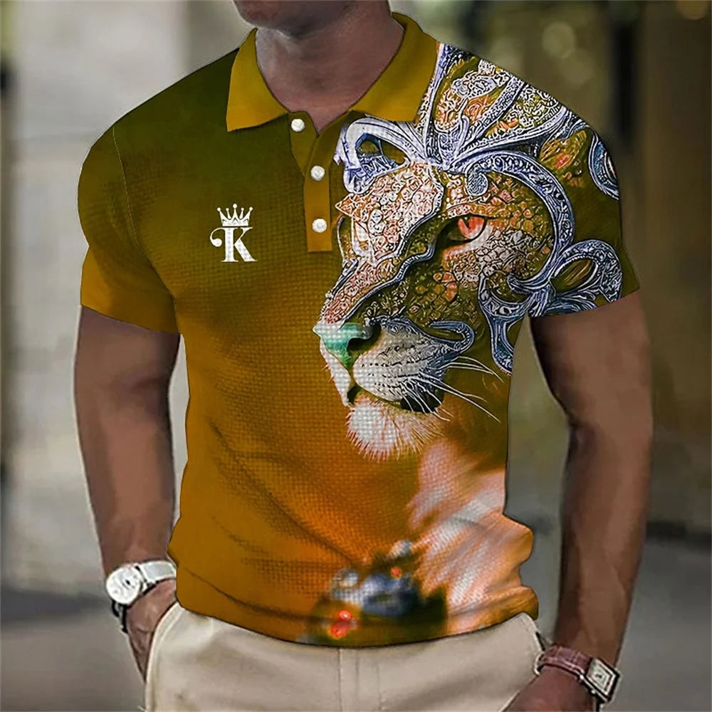 Men's 3D Lion Print Polo Shirt - Casual and Stylish Summer Tee - VogueShion 