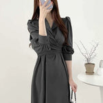 Polo Collar Cross Lace Up Long Dress