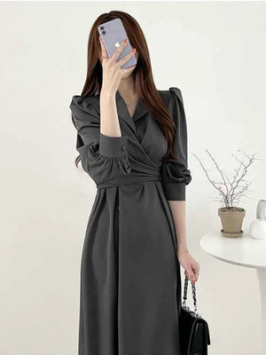 Polo Collar Cross Lace Up Long Dress