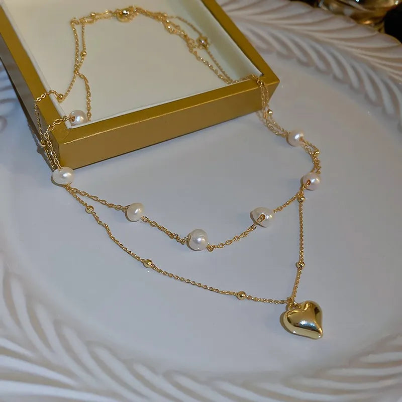 Double-layer Pearl Love Pendant Necklace