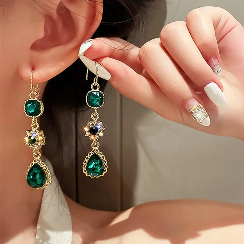 Green Gemstone Long Pearl Tassel Drop Earrings