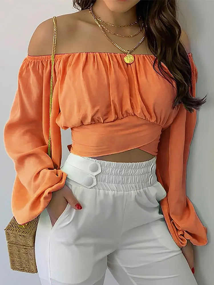 Long Lantern Sleeve Off Shoulder Slim Shirt