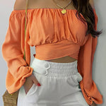 Long Lantern Sleeve Off Shoulder Slim Shirt