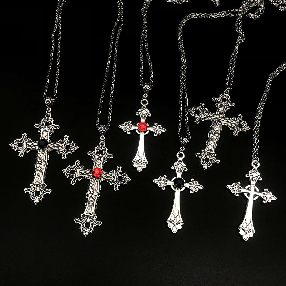 Large Cross Drill Pendant Necklace - Gothic Punk Jewelry in Silver Tone (Red Accent) - VogueShion 