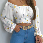 Long Lantern Sleeve Off Shoulder Slim Shirt