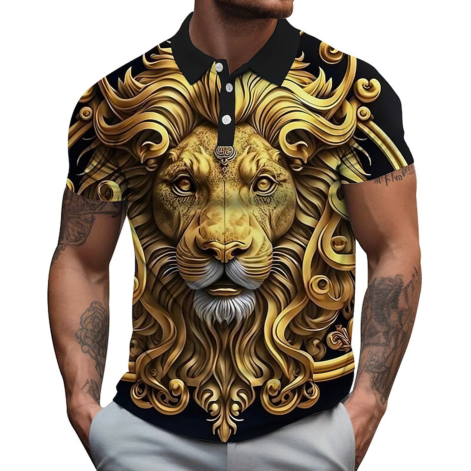 Men's 3D Lion Print Polo Shirt - Casual and Stylish Summer Tee - VogueShion 